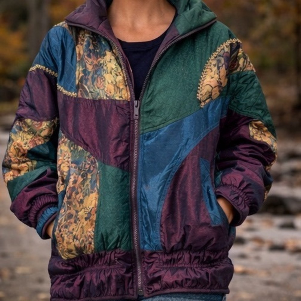 Vintage 90s IZZI Patchwork Puffer Jacket Women S‎ Jewel Tone Tapestry